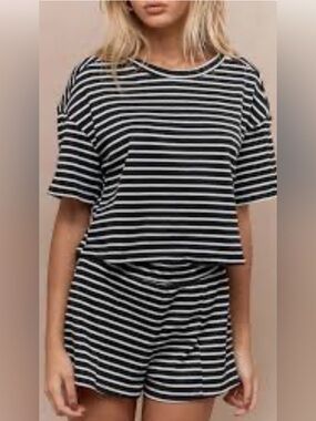 Navy and White Striped Tee & Shorts Set